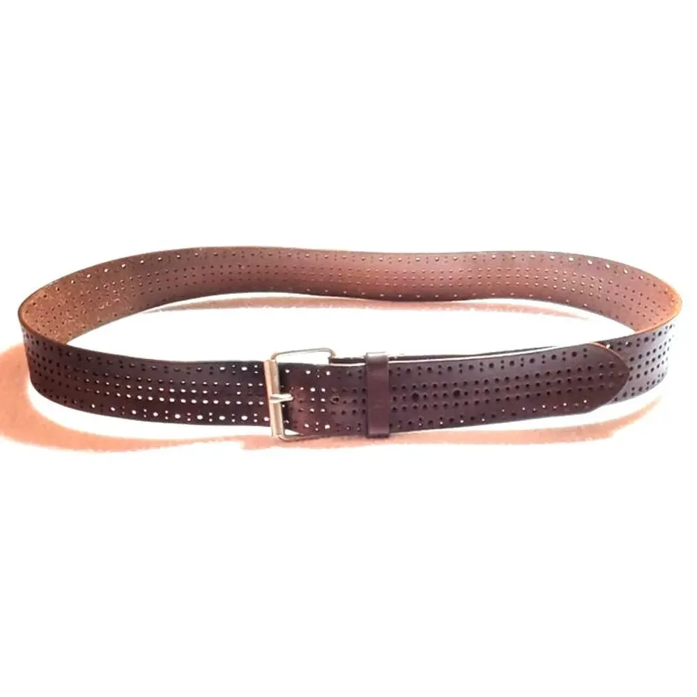Guess Mens Brown Punched Wide Leather Belt Sz 40 Western Silvertone Buckle